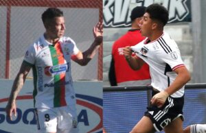 Leonardo Valencia y Damián Pizarro celebrando los goles de sus equipos con las camisetas de Cobresal y Colo-Colo, respectivamente.