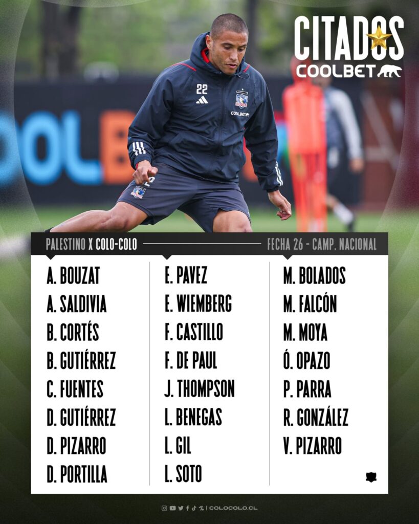 Citación de Colo-Colo para enfrentar a Palestino con foto de Leandro Benegas de fondo.