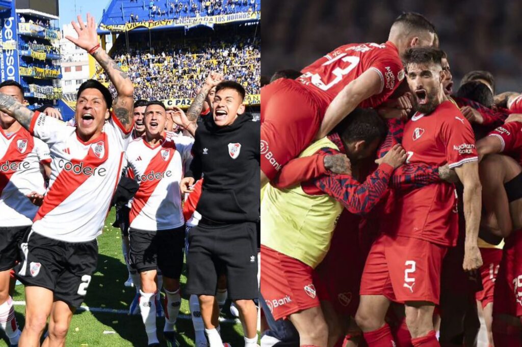 Planteles de River Plate e Independiente celebrando sus triunfos en el torneo argentino.