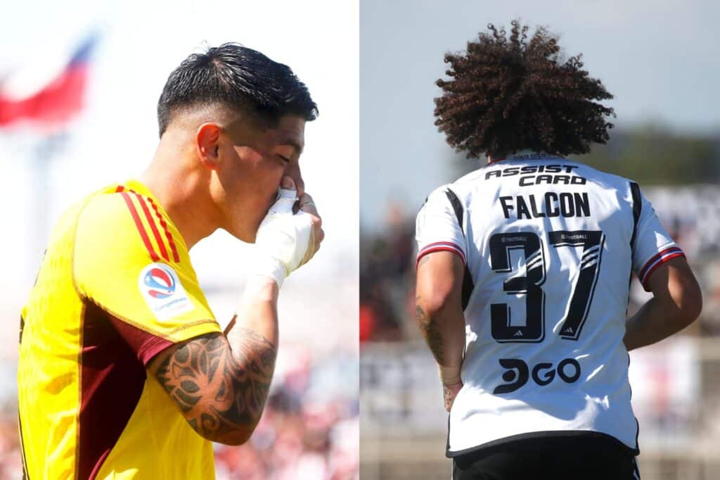 Brayan Cortés lamentándose por su expulsión y Maximiliano Falcón de espaldas.