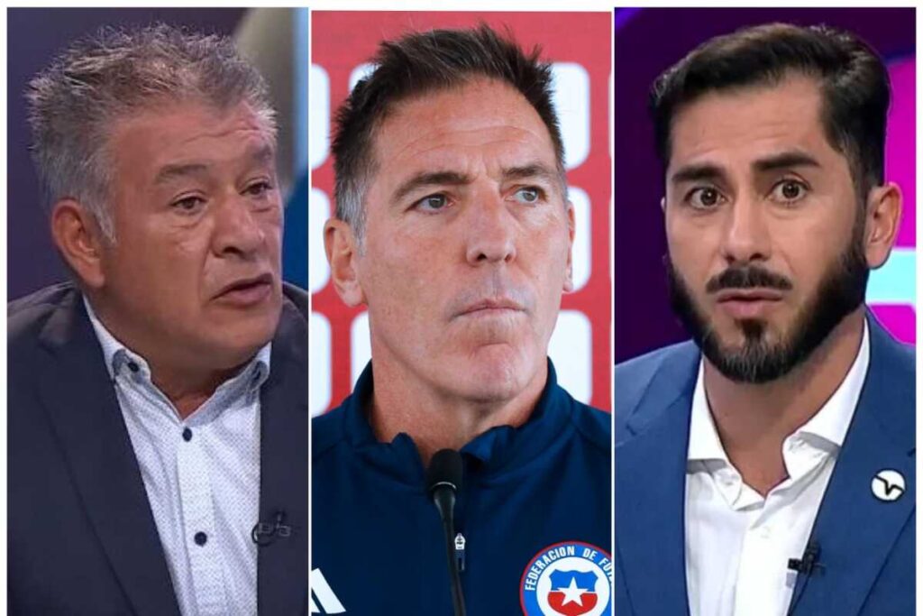 Primer plano al rostro del entrenador de la Selección Chilena, Eduardo Berizzo, sumado al de Claudio Borghi y Johnny Herrera, ex futbolistas y actuales panelistas del programa Todos Somos Técnicos de TNT Sports.