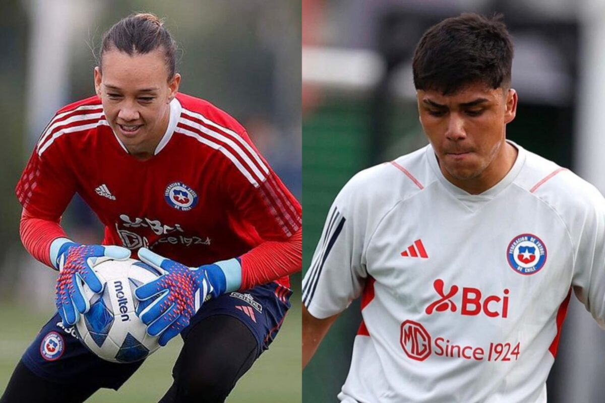 Primer plano a Christiane Endler y Damián Pizarro entrenando con la camiseta de la Selección Chilena.