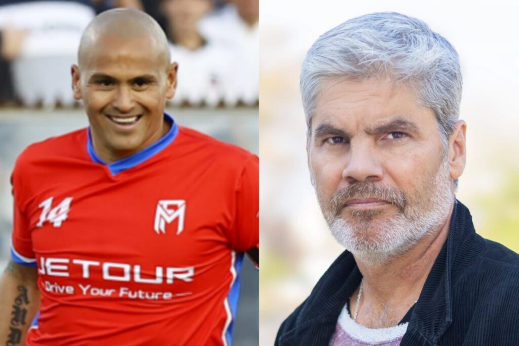 Juan Cristóbal Guarello y Humberto Suazo con la camiseta de la Selección Chilena en la despedida de Matías Fernández.