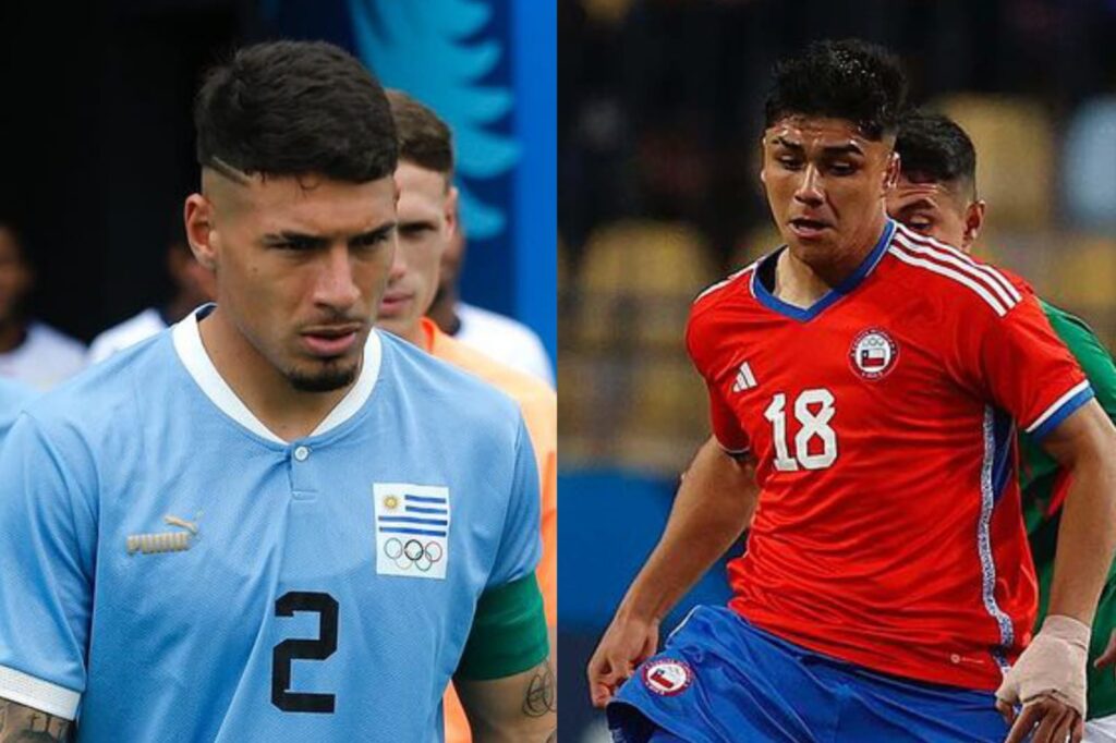 Primer plano a Alan Saldivia con camiseta de Uruguay y Damián Pizarro con la indumentaria de la Selección Chilena.