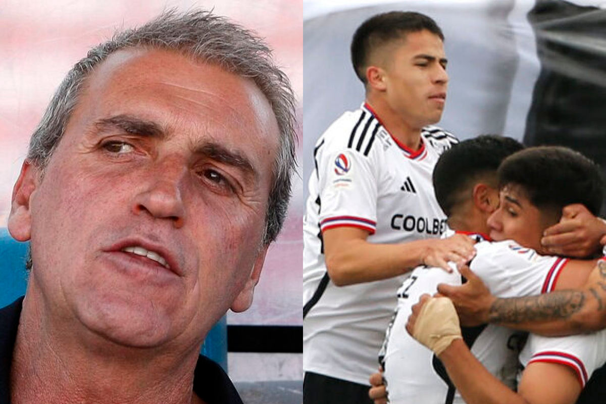 Primer plano al rostro de Jorge Pellicer, entrenador de fútbol y actual comentarista deportivo, sumado a los jugadores de Colo-Colo celebrando un gol durante la temporada 2023.