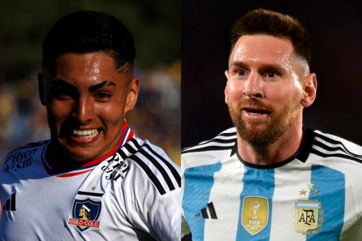 Primer plano al rostro sonriente de Jordhy Thompson y Lionel Messi, actual jugador de Colo-Colo y la Selección Argentina.
