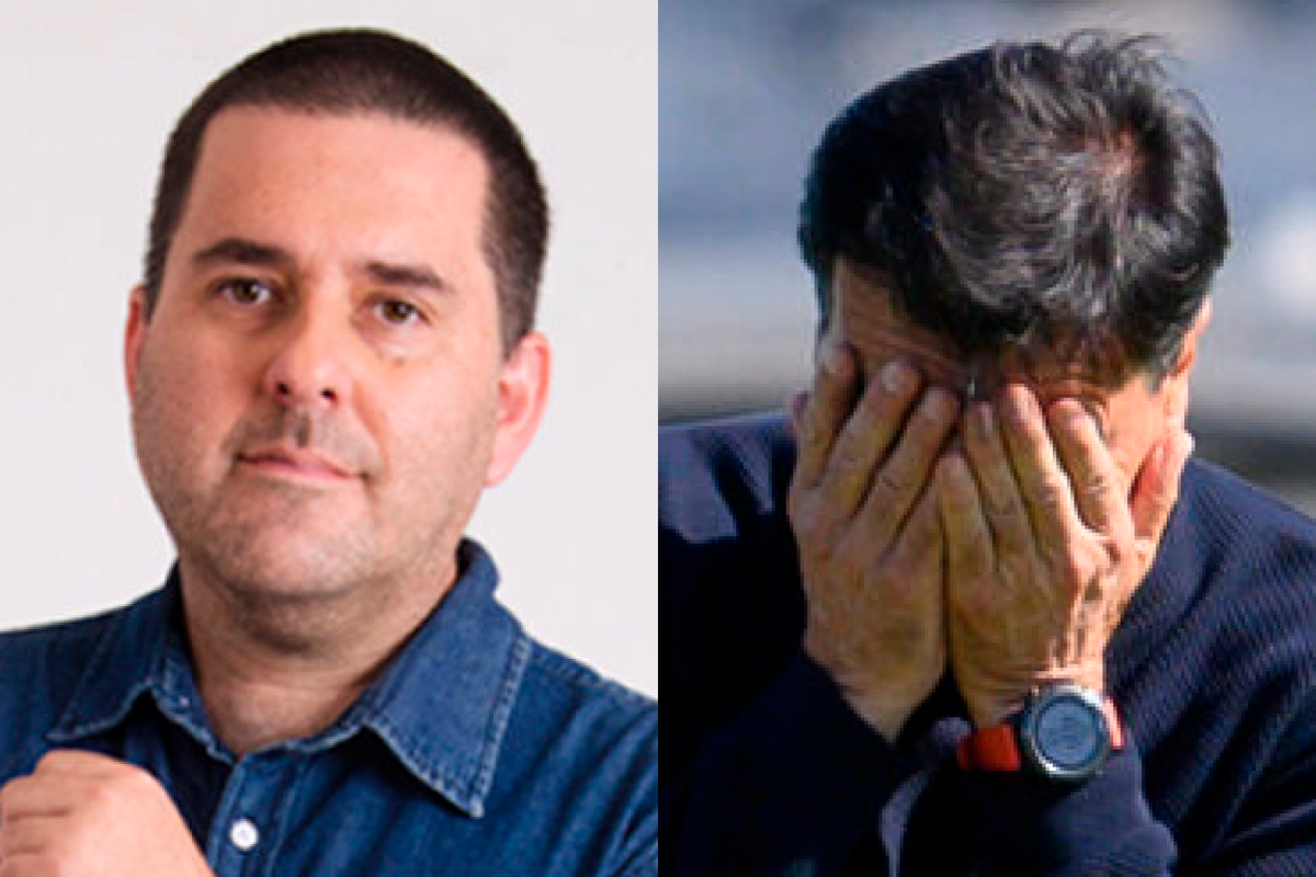 Primer plano al rostro de Cristián Arcos, periodista nacional deportivo, sumado a Gustavo Quinteros tapándose el rostro durante la temporada 2023.