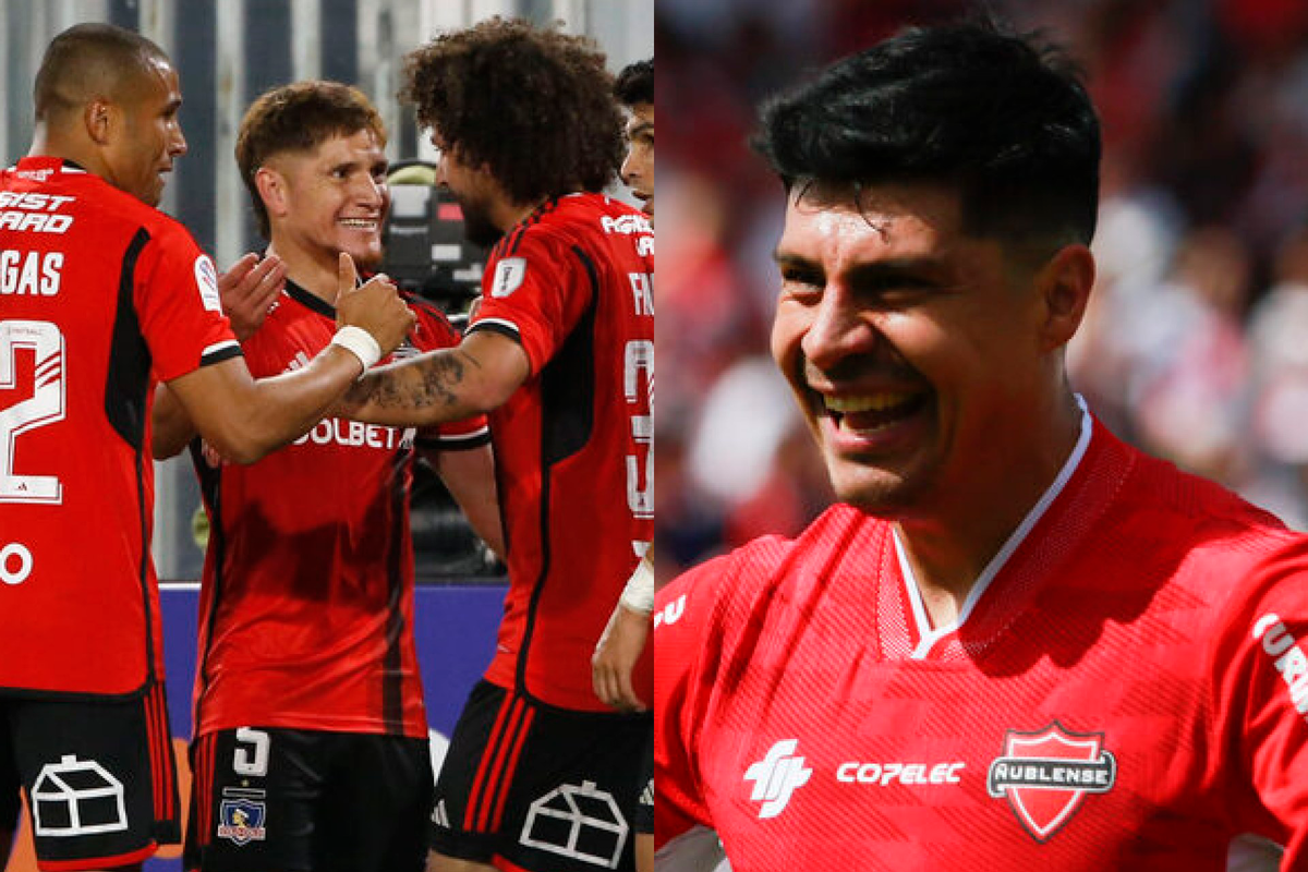 Futbolista de Colo-Colo sonríen en pleno partido a mano izquierda, mientras que en el sector derecho aparece Patricio Rubio sonriendo en pleno con la camiseta de Ñublense.