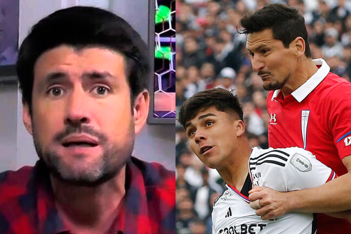 Primer plano al rostros del periodista Francisco Eguiluz, mientras que a mano derecha están Burdisso y Damián Pizarro disputando un balón en el triunfo 2-1 de Colo-Colo sobre Universidad Católica por el Campeonato Nacional 2023.