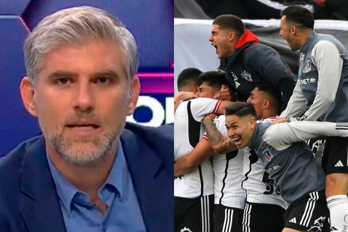 Primer plano al rostro de Manuel de Tezanos, actual periodista deportivo, sumado a los futbolistas de Colo-Colo celebrando un gol durante la temporada 2023.