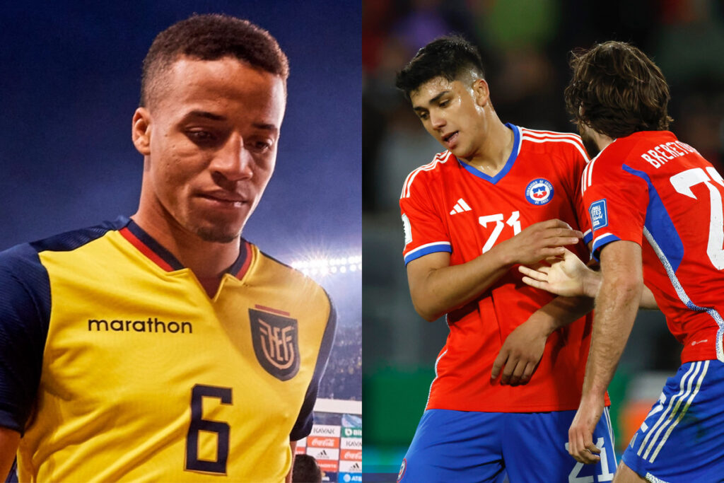 Byron Castillo cabizbajo con la camiseta de la Selección Ecuatoriana. Damián Pizarro y Ben Brereton dándose la mano mientras juegan por la Selección Chilena.