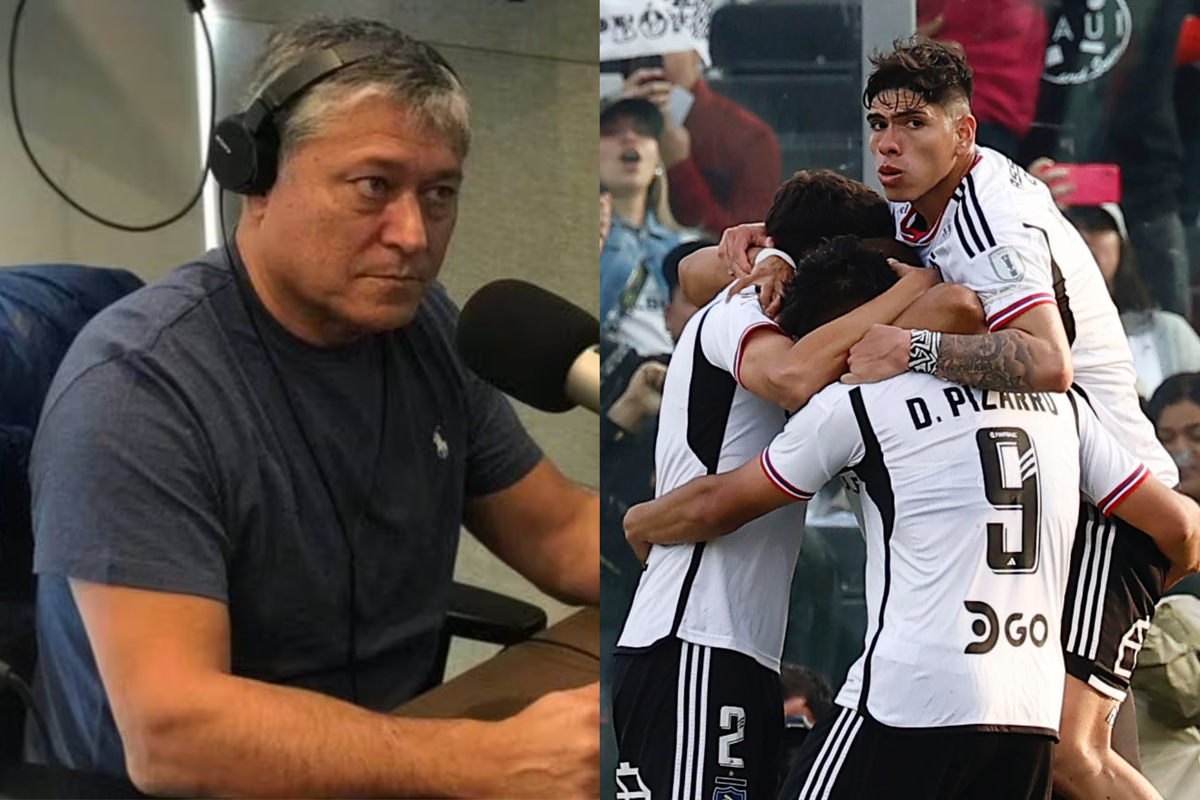 Patricio Yáñez mirando fijamente durante la transmisión de un programa radial. Jugadores de Colo-Colo celebrando un gol durante un partido oficial.