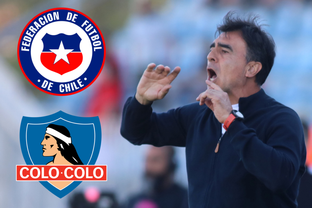 Gustavo Quinteros impartiendo instrucciones. Por su parte, a mano izquierda aparecen incrustados en la fotografía los logos de la Selección Chilena y Colo-Colo.