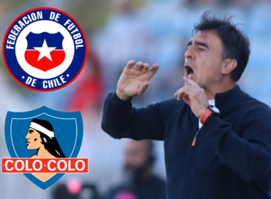 Gustavo Quinteros impartiendo instrucciones. Por su parte, a mano izquierda aparecen incrustados en la fotografía los logos de la Selección Chilena y Colo-Colo.