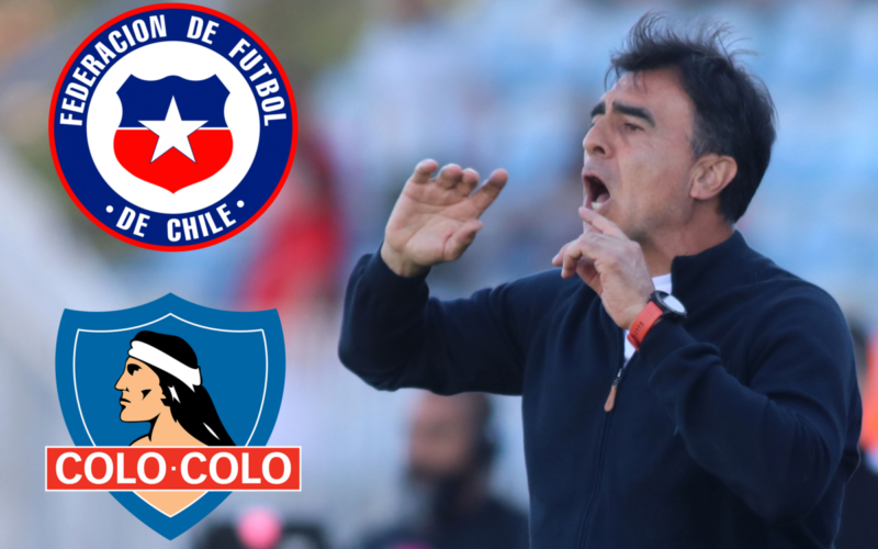 Gustavo Quinteros impartiendo instrucciones. Por su parte, a mano izquierda aparecen incrustados en la fotografía los logos de la Selección Chilena y Colo-Colo.