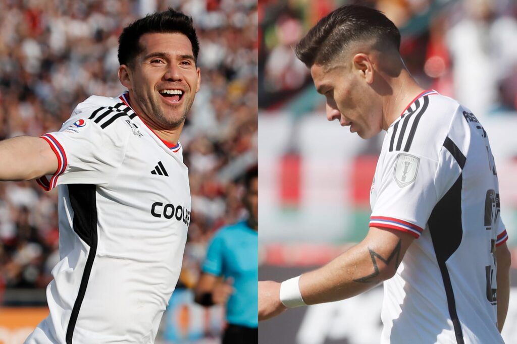 César Fuentes celebrando un gol y Óscar Opazo cabeza gacha con la camiseta de Colo-Colo.