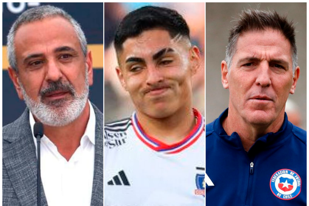 Primer palo a los rostros de Pablo Milad (presidente de la ANFP), Jordhy Thompson (jugador de Colo-Colo) y Eduardo Berizzo, entrenador de la Selección Chilena durante la temporada 2023.