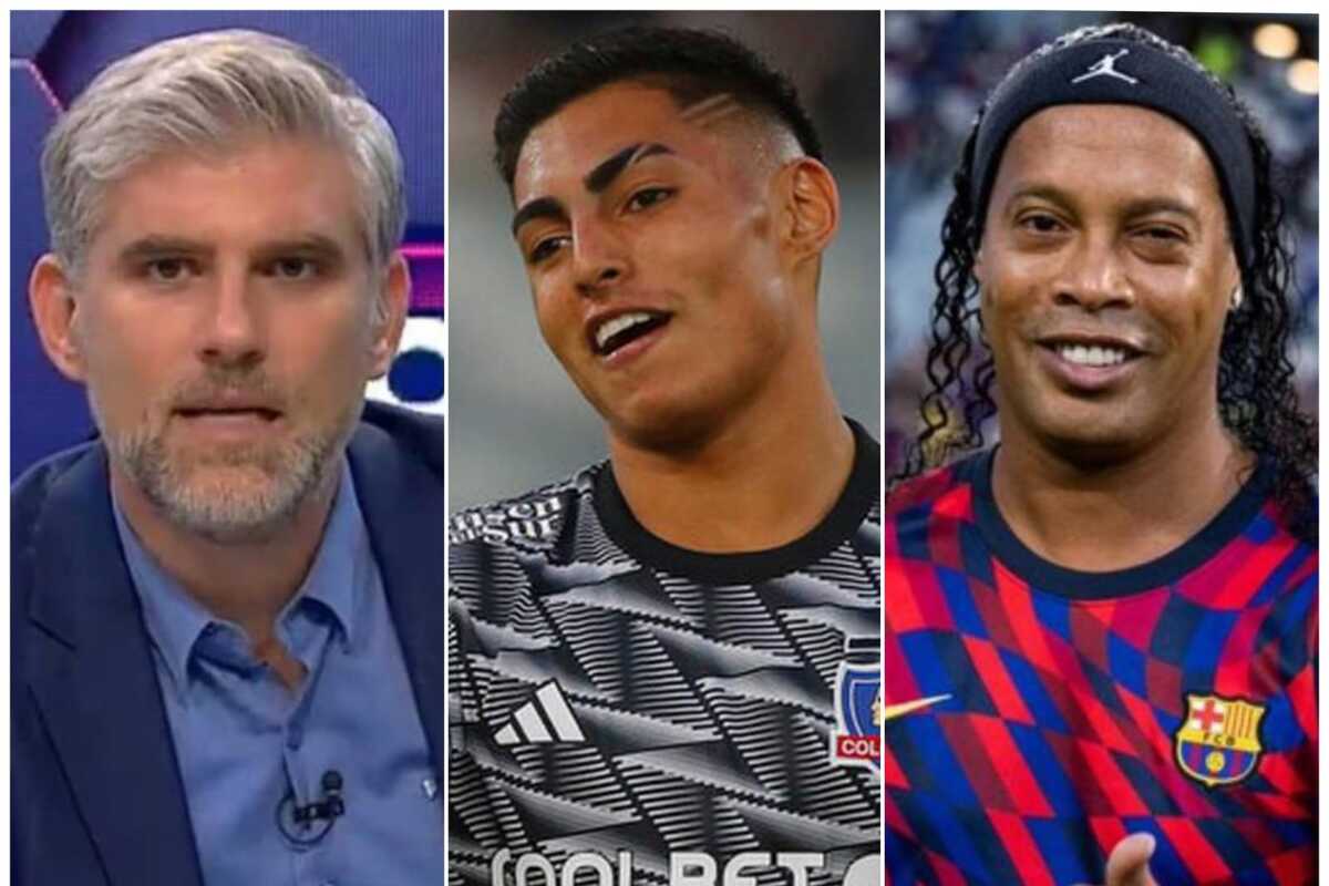 Primer plano a los rostros de Manuel de Tezanos, periodista de TNT Sports durante el año 2023, sumado a Jordhy Thompson y Ronaldinho, jugador de Colo-Colo y leyenda del fútbol brasileño, respectivamente.