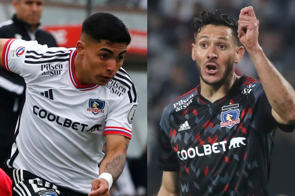 Primer plano a Jordhy Thompson y Ramiro González con la indumentaria de Colo-Colo.