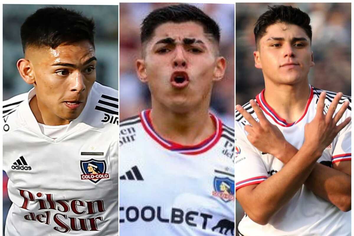 Primer plano a los juveniles de Colo-Colo Joan Cruz, Damián Pizarro y Jordhy Thompson.