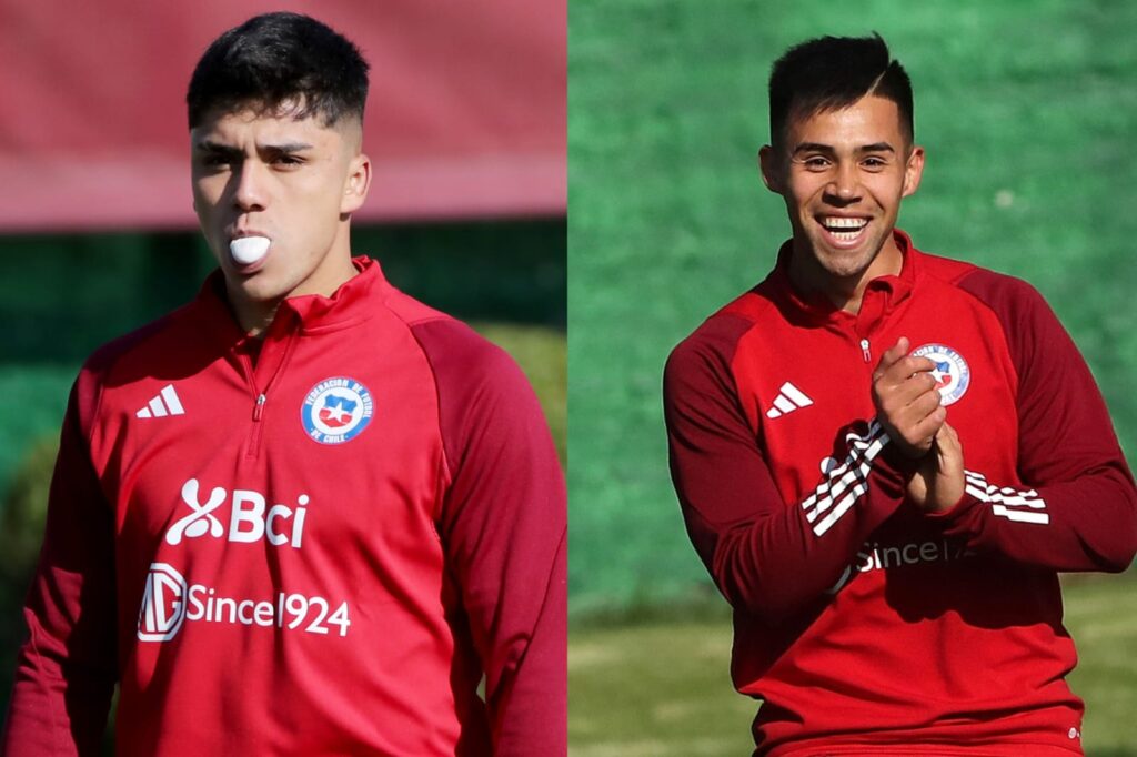 Primer plano a Damián Pizarro y Alexander Aravena entrenando con la camiseta de la Selección Chilena.