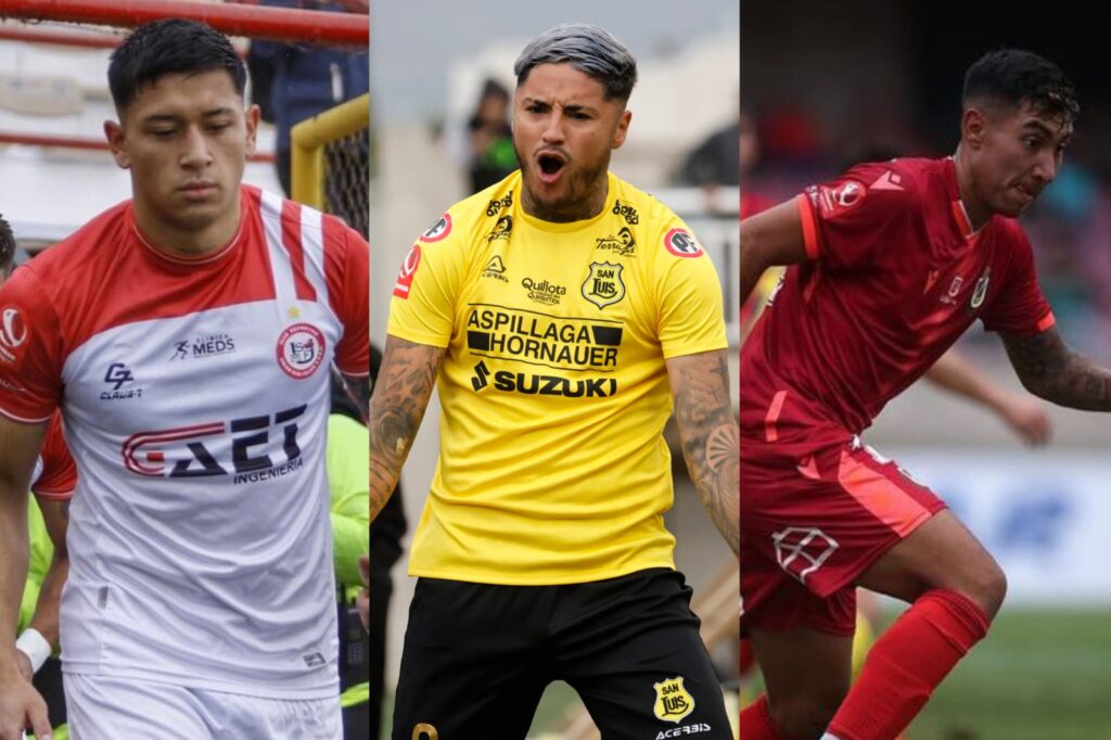 Nicolás Garrido, Juan Carlos Gaete y Ethan Espinoza con las camisetas de sus clubes donde fueron cedidos; Unión San Felipe, San Luis de Quillota y Deportes La Serena, respectivamente.