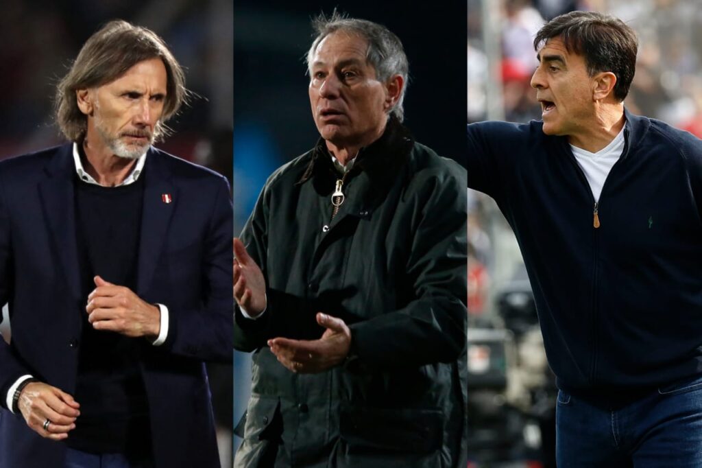 Primer plano a Ricardo Gareca, Ariel Holan y Gustavo Quinteros en un campo de juego.