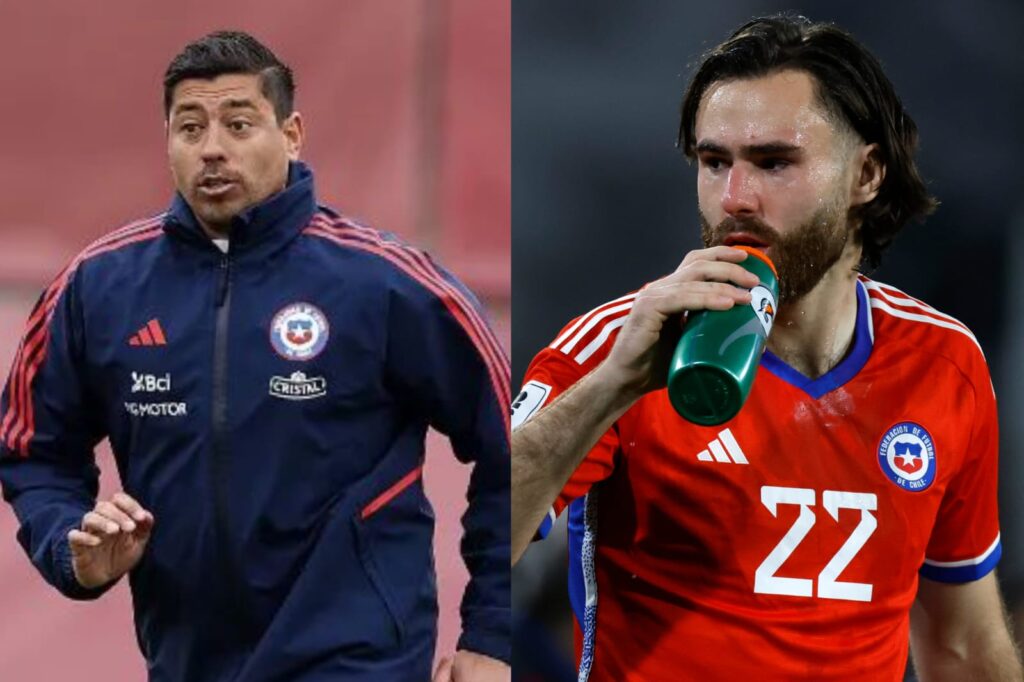 Primer plano a Nicolás Córdova corriendo con parca de la Selección Chilena y Ben Brereton tomando agua con la camiseta de La Roja.