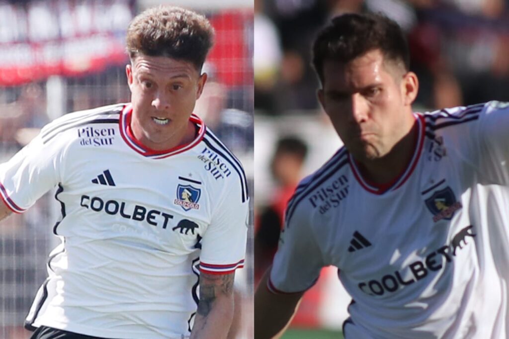 Primer plano a Pablo Parra y César Fuentes mientras utilizan la camiseta de Colo-Colo en un partido oficial.