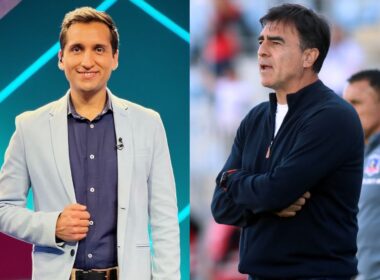 Primer plano a Daniel Arrieta en el estudio de TNT Sports y Gustavo Quinteros en un partido de Colo-Colo.