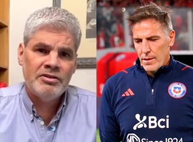 Primer plano a los rostros de Juan Cristóbal Guarello y Eduardo Berizzo con indumentaria de la Selección Chilena.