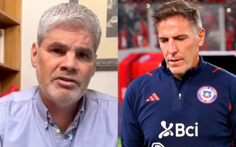 Primer plano a los rostros de Juan Cristóbal Guarello y Eduardo Berizzo con indumentaria de la Selección Chilena.