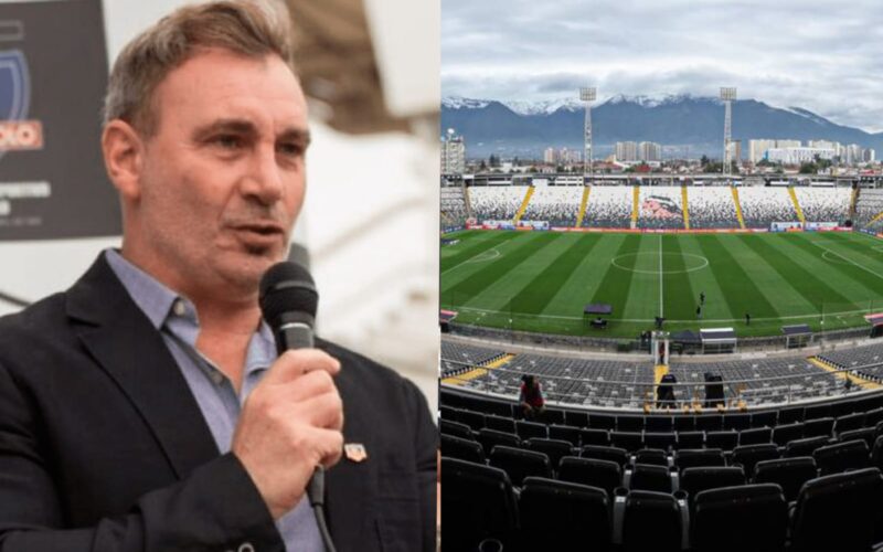 Primer plano a Marcelo Barticciotto hanlando con un micrófono y el Estadio Monumental