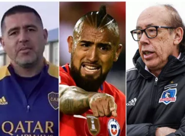 Primer plano al rostro de Juan Román Riquelme, Arturo Vidal y Alfredo Stöhwing, actual gerente deportivo, jugador de la Selección Chilena y presidente de Colo-Colo durante la temporada 2023, respectivamente.