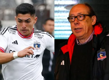 Primer plano a Jordhy Thompson con indumentaria de Colo-Colo y Alfredo Stöhwing