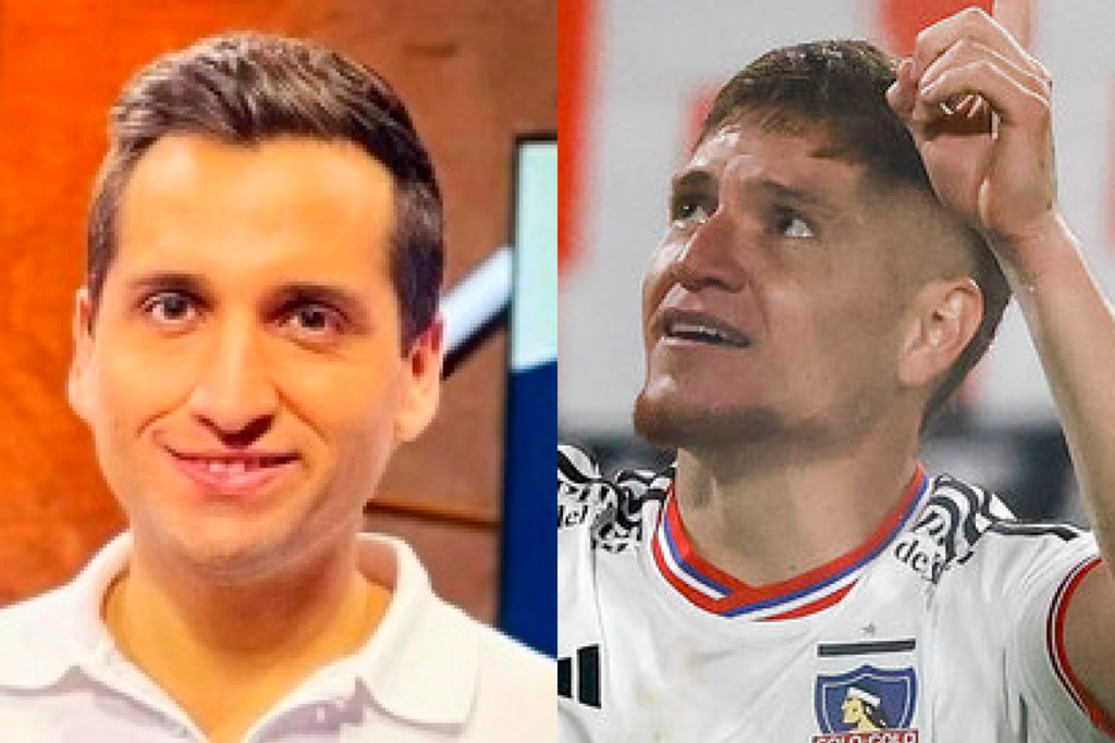 Primer plano al rostro sonriente de Daniel Arrieta, periodista de TNT Sports y Leonardo Gil, futbolista de Colo-Colo con la mirada fija en un objetivo y su dedo en alto.