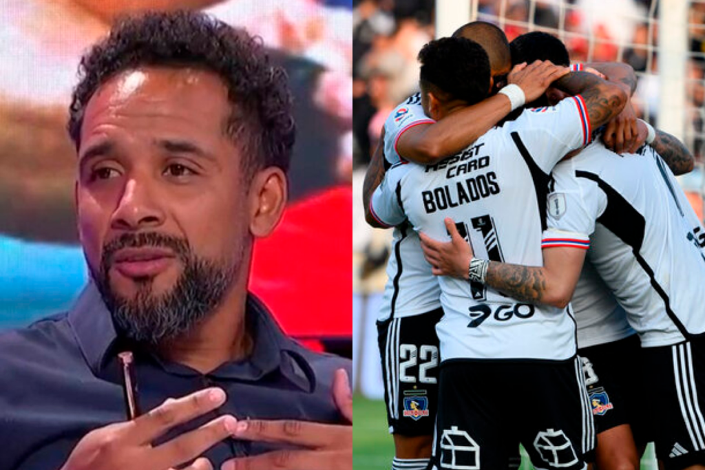 Primer plano al rostro de Jean Beausejour, mientras que a mano derecha se puede ver a los futbolistas de Colo-Colo celebrando un gol durante la temporada 2023.