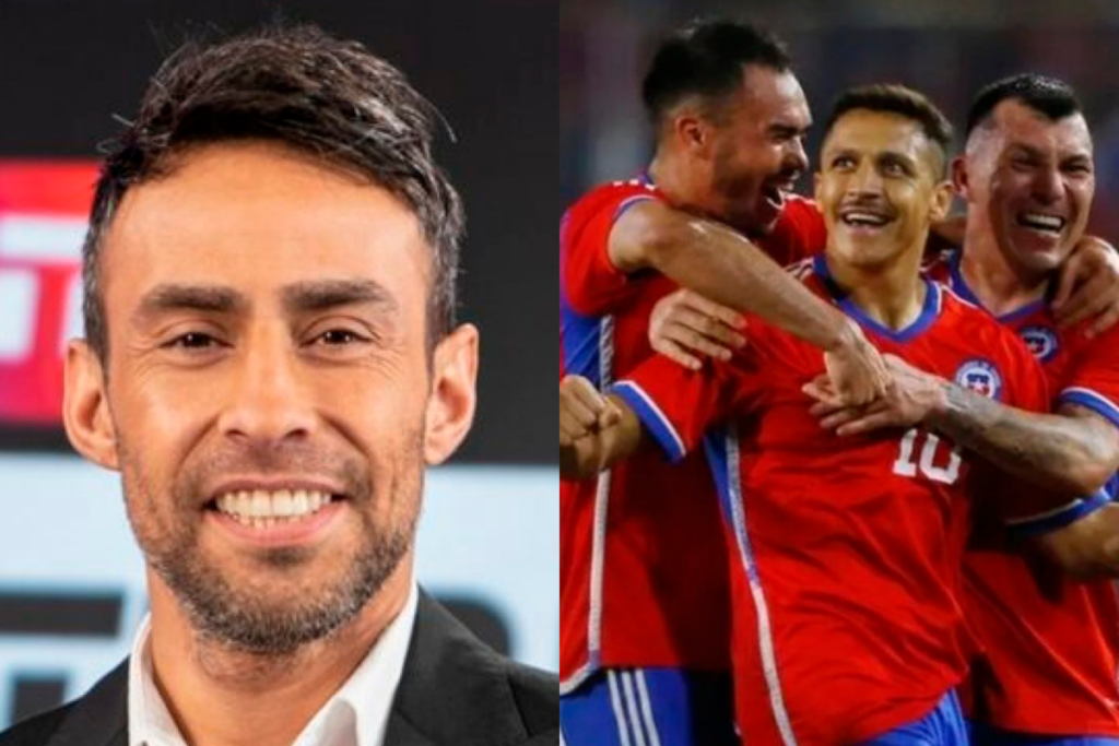 A mano izquierda aparece un problema plano al rostro sonriente de Jorge Valdivia, mientras que a mano derecha se ve a tres futbolistas de la Selección Chilena celebrando un gol.