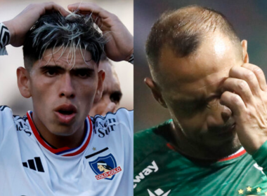 Carlos Palacios con las manos en la cabeza y signo de preocupación en pleno partido de Colo-Colo, mientras que a mano derecha Marcelo Díaz se lamenta y se tapa su cara con una mano mientras defiende la camiseta de Audax Italiano.