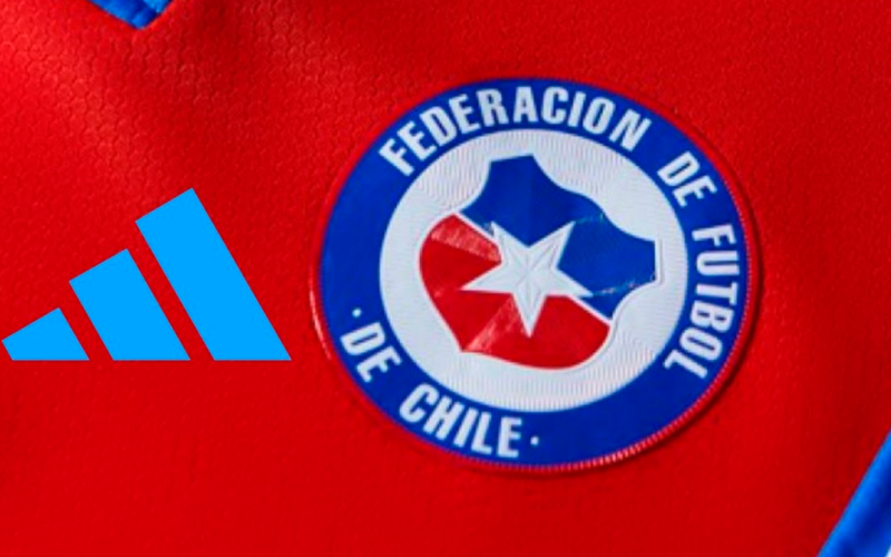 Primer plano al escudo de Adidas y la Selección Chilena en la camiseta de La Roja durante la temporada 2023.