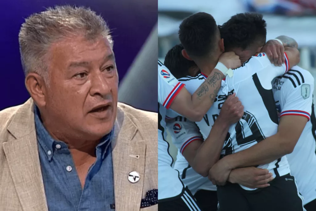 Claudio Borghi mirando seriamente. Jugadores de Colo-Colo abrazándose.