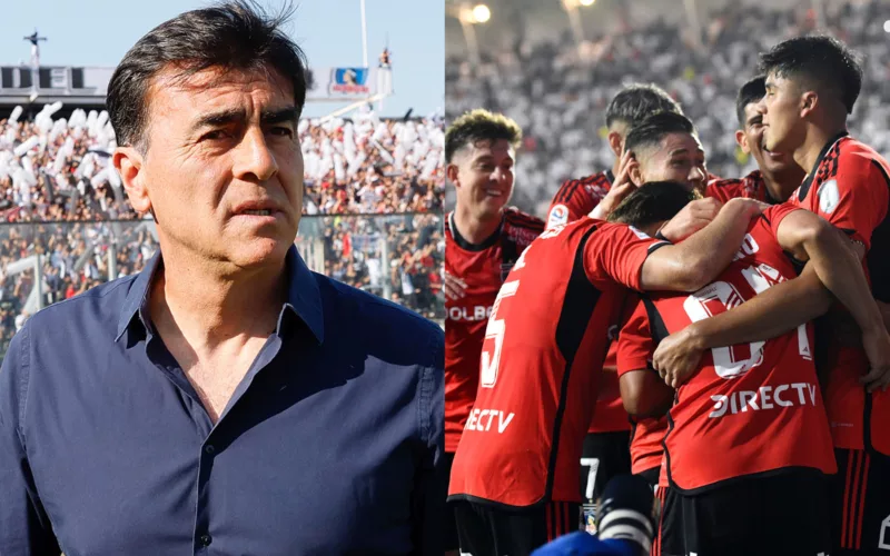 Gustavo Quinteros serio. Jugadores de Colo-Colo celebrando un gol.