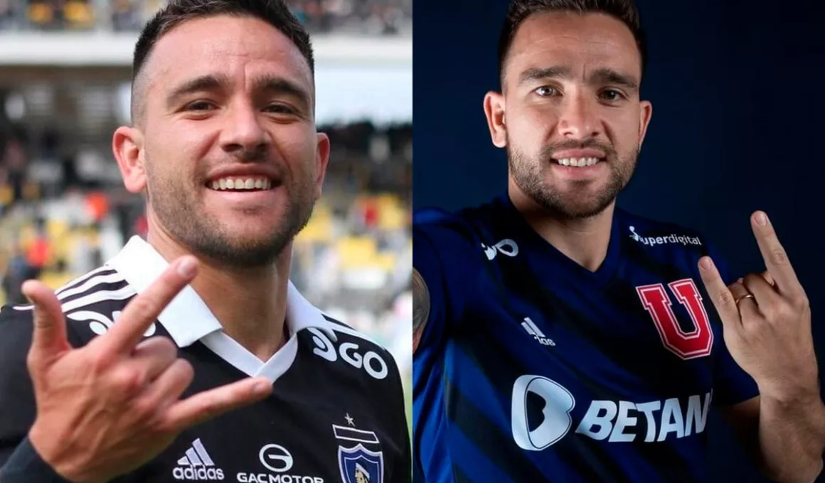 Primer plano a Matías Zaldivia haciendo gesto garrero y una U con las camisetas de la Universidad de Chile y Colo-Colo.