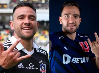 Primer plano a Matías Zaldivia haciendo gesto garrero y una U con las camisetas de la Universidad de Chile y Colo-Colo.