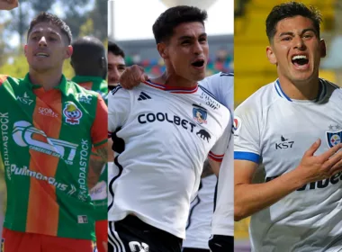 Gastón Lezcano, Erick Wiemberg y Maximiliano Rodríguez celebrando goles con las camisetas de Cobresal, Colo-Colo y Huachipato, respectivamente.