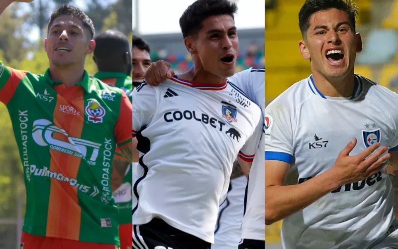 Gastón Lezcano, Erick Wiemberg y Maximiliano Rodríguez celebrando goles con las camisetas de Cobresal, Colo-Colo y Huachipato, respectivamente.