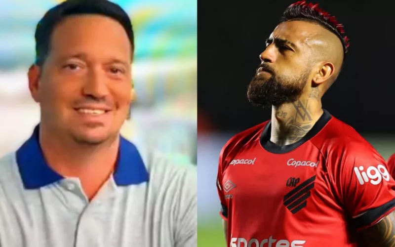 Primer plano a César Luis Merlo sonriendo con camiseta polo y Arturo Vidal serio con indumentaria de Athletico Paranaense.