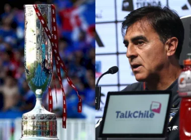 Gustavo Quinteros en conferencia de prensa y el trofeo de la Copa Chile