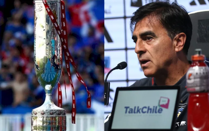 Gustavo Quinteros en conferencia de prensa y el trofeo de la Copa Chile