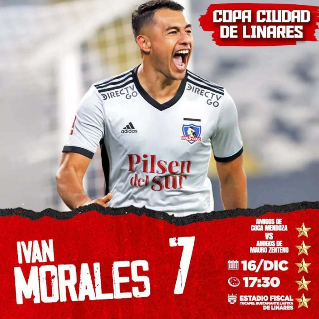 Publicación en Instagram de Copa Ciudad de Linares anunciando la participación de Iván Morales con una foto del delantero celebrando un gol con la camiseta de Colo-Colo.